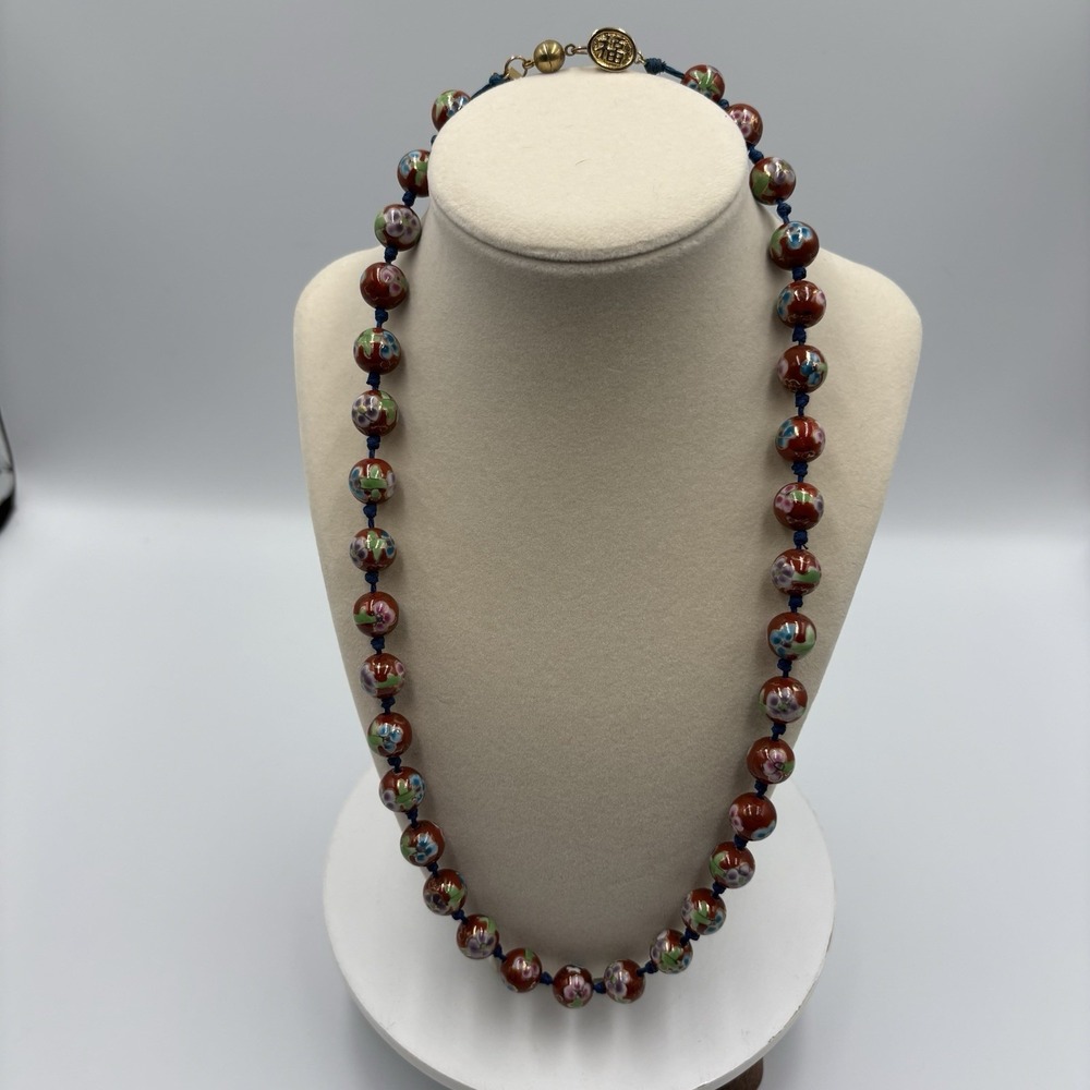 VTG Chinese Cloisonne Enamel Bead Necklace Red Floral Knot 34 Beads Lotus Flower